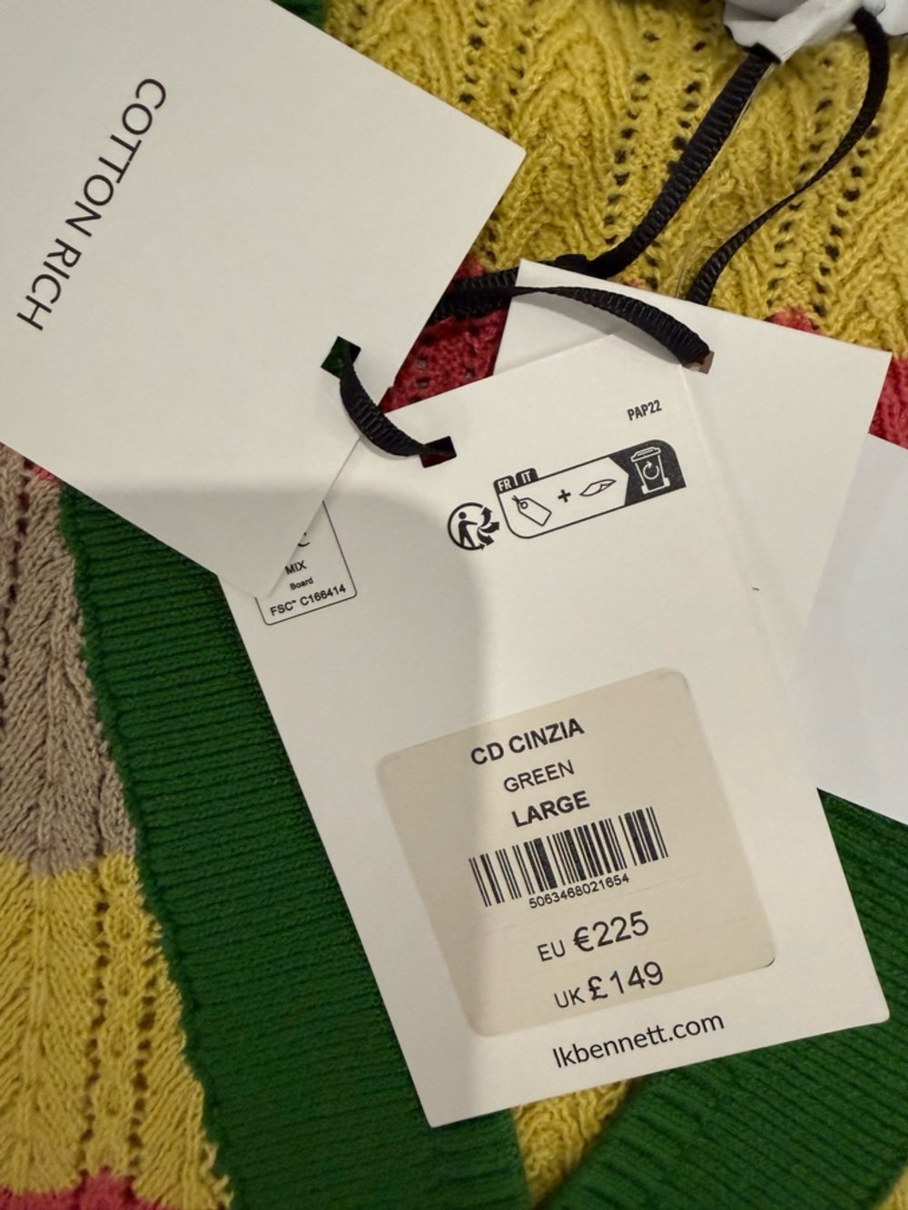 LK Bennett Pink, Yellow & Green Striped V-Neck Cotton Cardigan - Picture 5 of 11